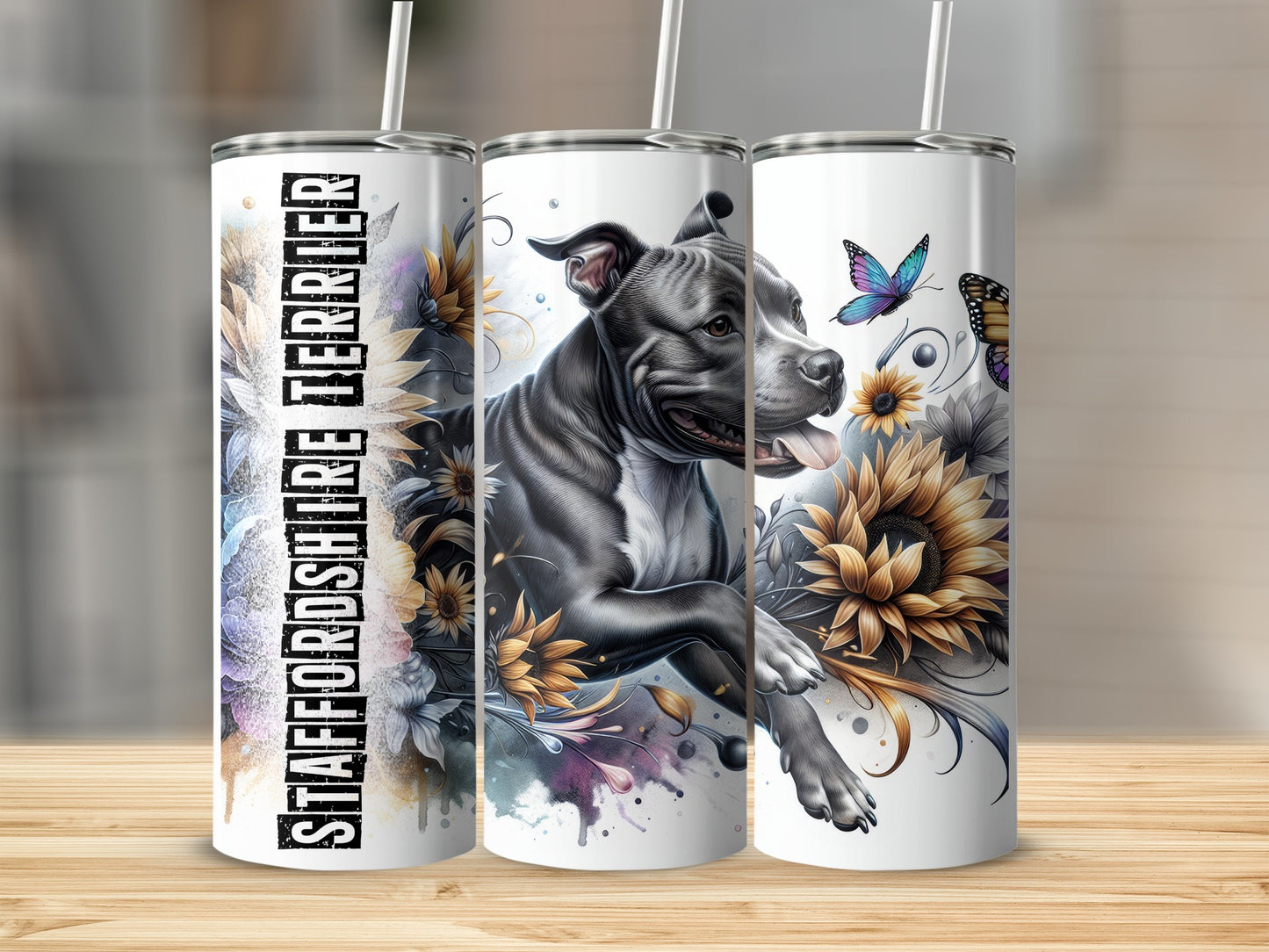Staffordshire Terrier in motion with sunflowers and butterflies.