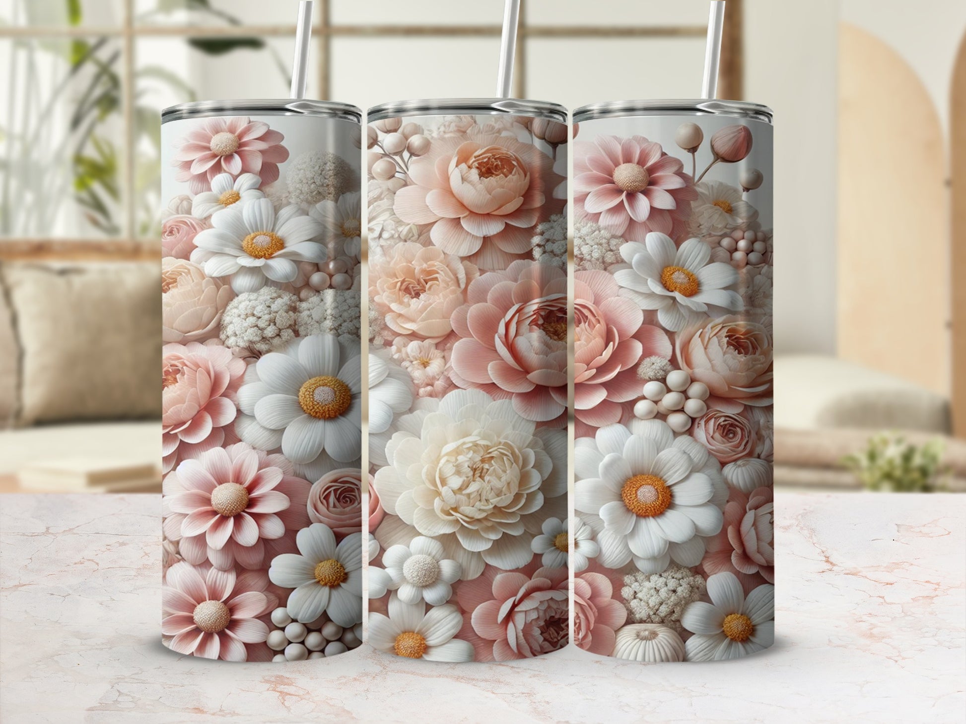 Elegant Floral Design Tumbler with Straw