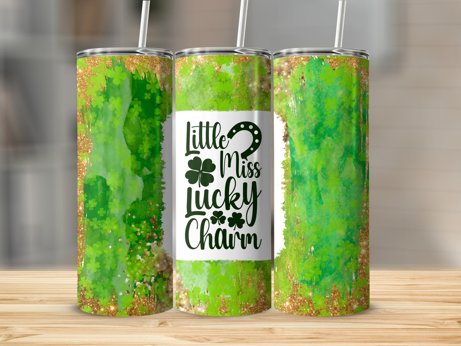 Green tumbler with "Little Miss Lucky Charm" text and gold glitter accents.