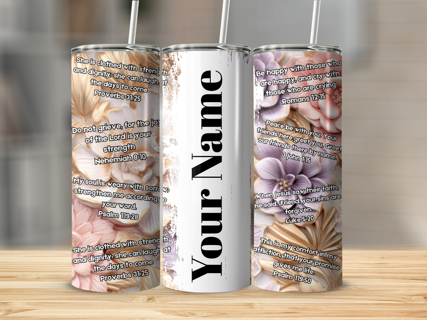 Personalized Christian Scripture Floral Design Tumbler