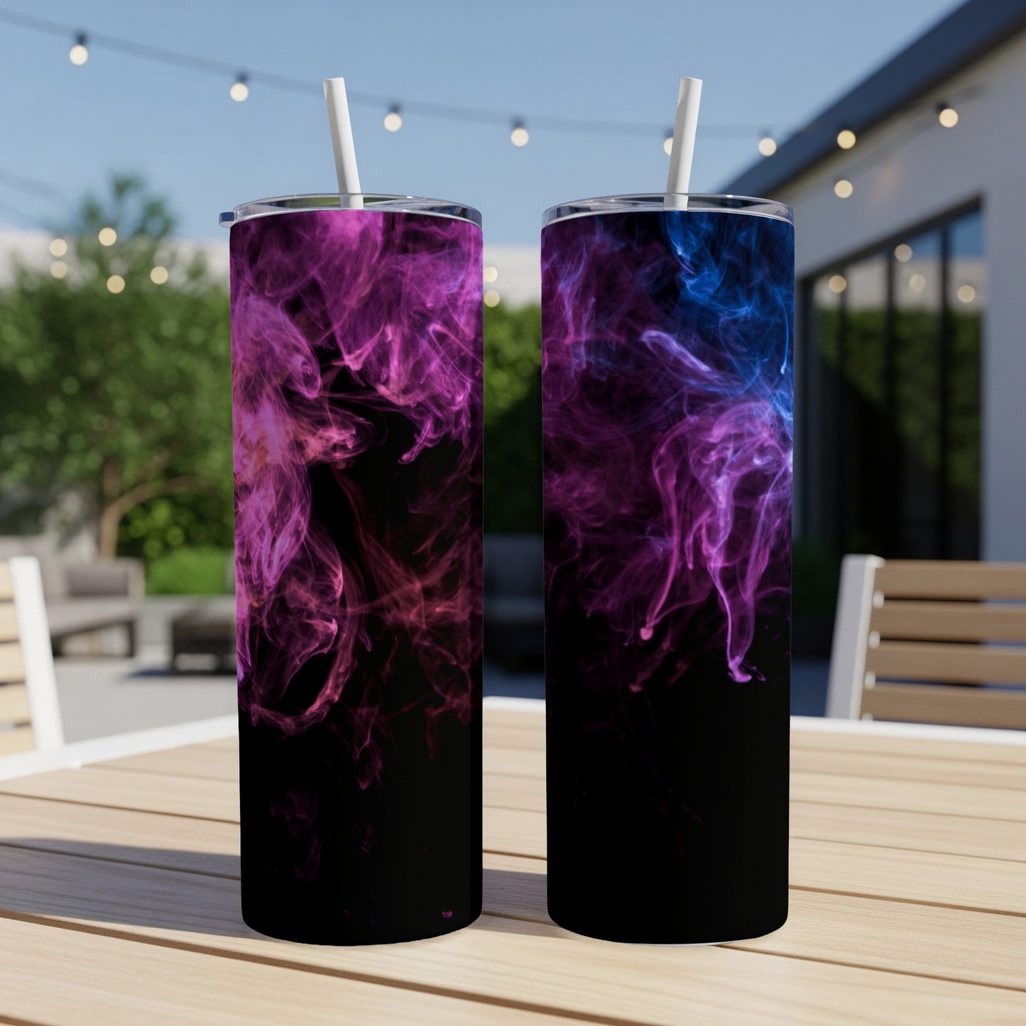 Two black tumblers with vibrant purple and blue smoke designs.