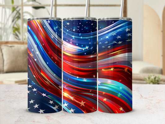 Three tumblers with American flag-inspired wavy patriotic design.