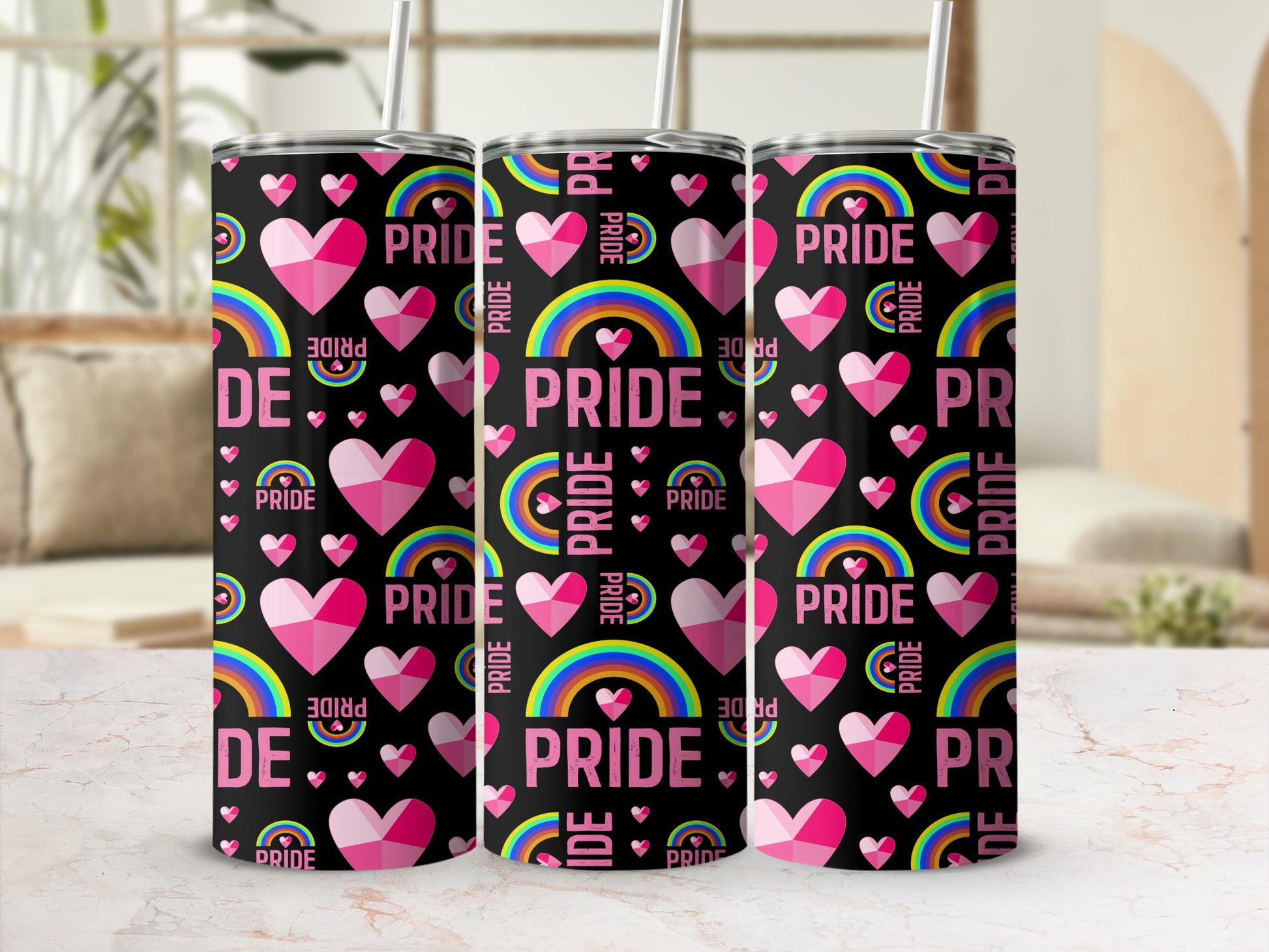 Three black tumblers with rainbow hearts and "PRIDE" text.