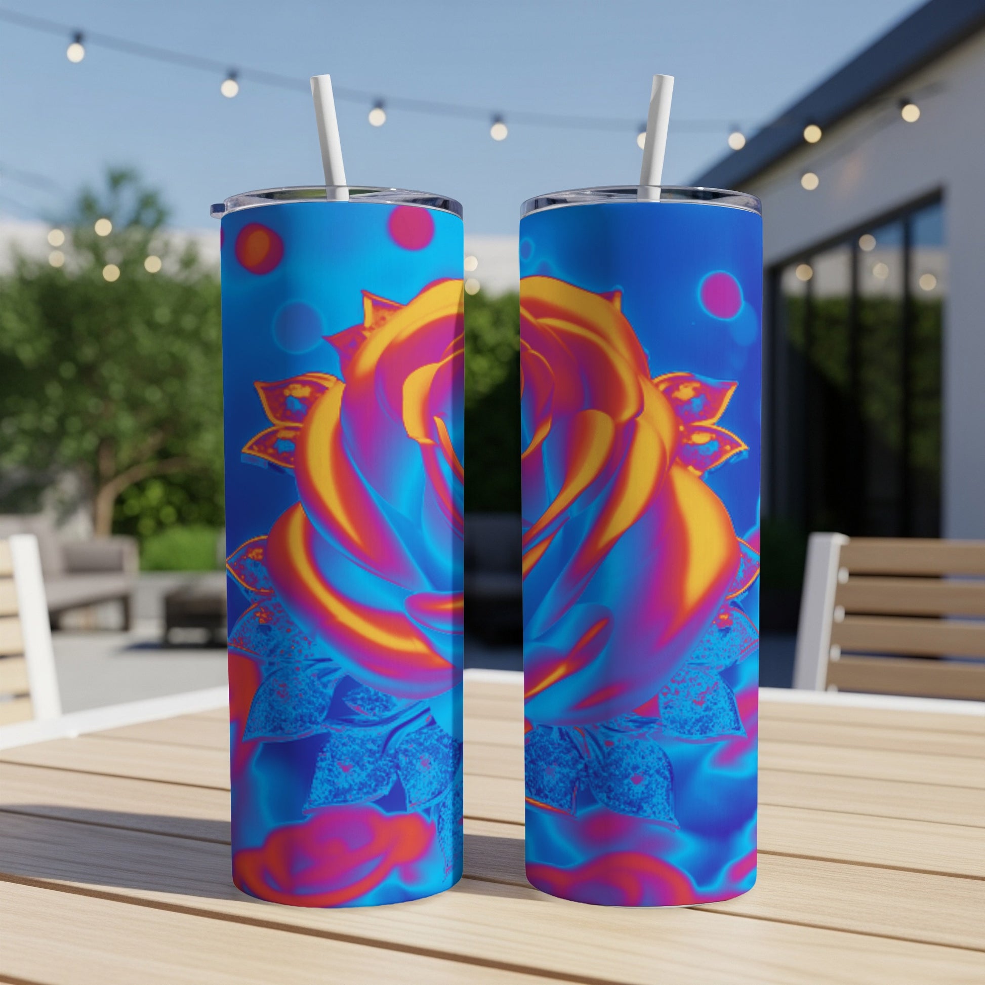 Two vibrant, multi-colored rose tumblers with straws on a wooden table outdoors.