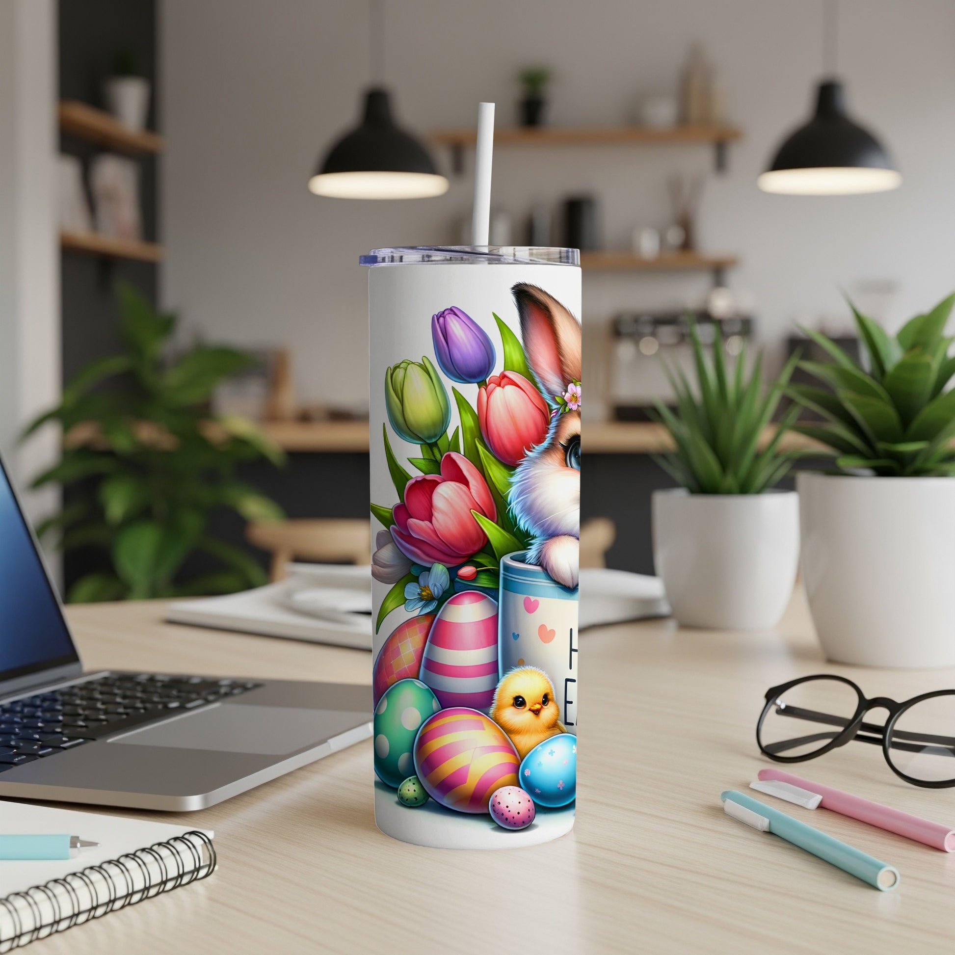 Easter bunny tumbler with colorful eggs and tulips.
