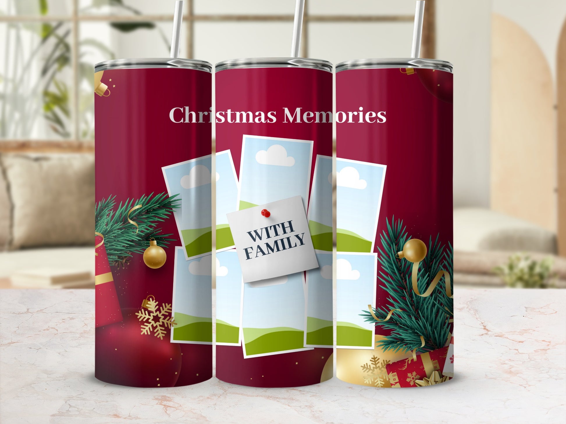 Christmas Memories tumbler with photos, pine sprigs, and ornaments.