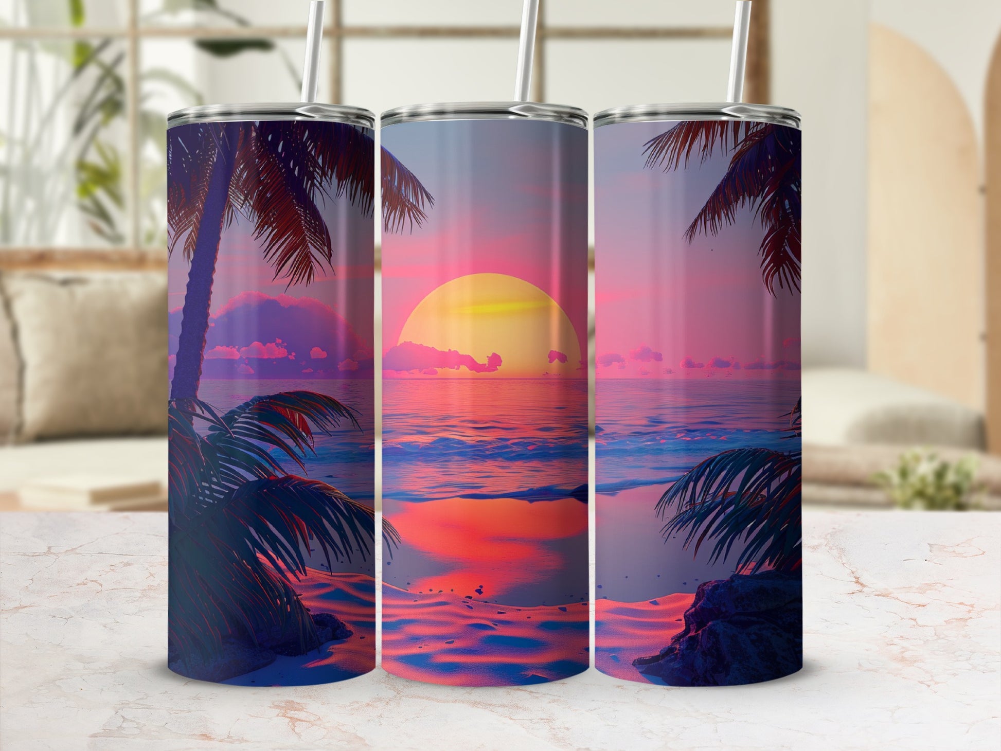 Tall tumbler with sunset beach scene featuring palm trees.