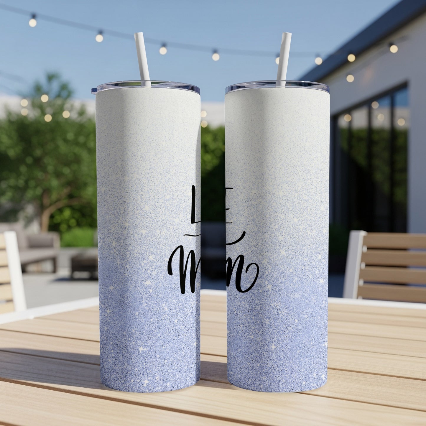 Two tall tumblers with glitter gradient and "Life is better with Mom" text.