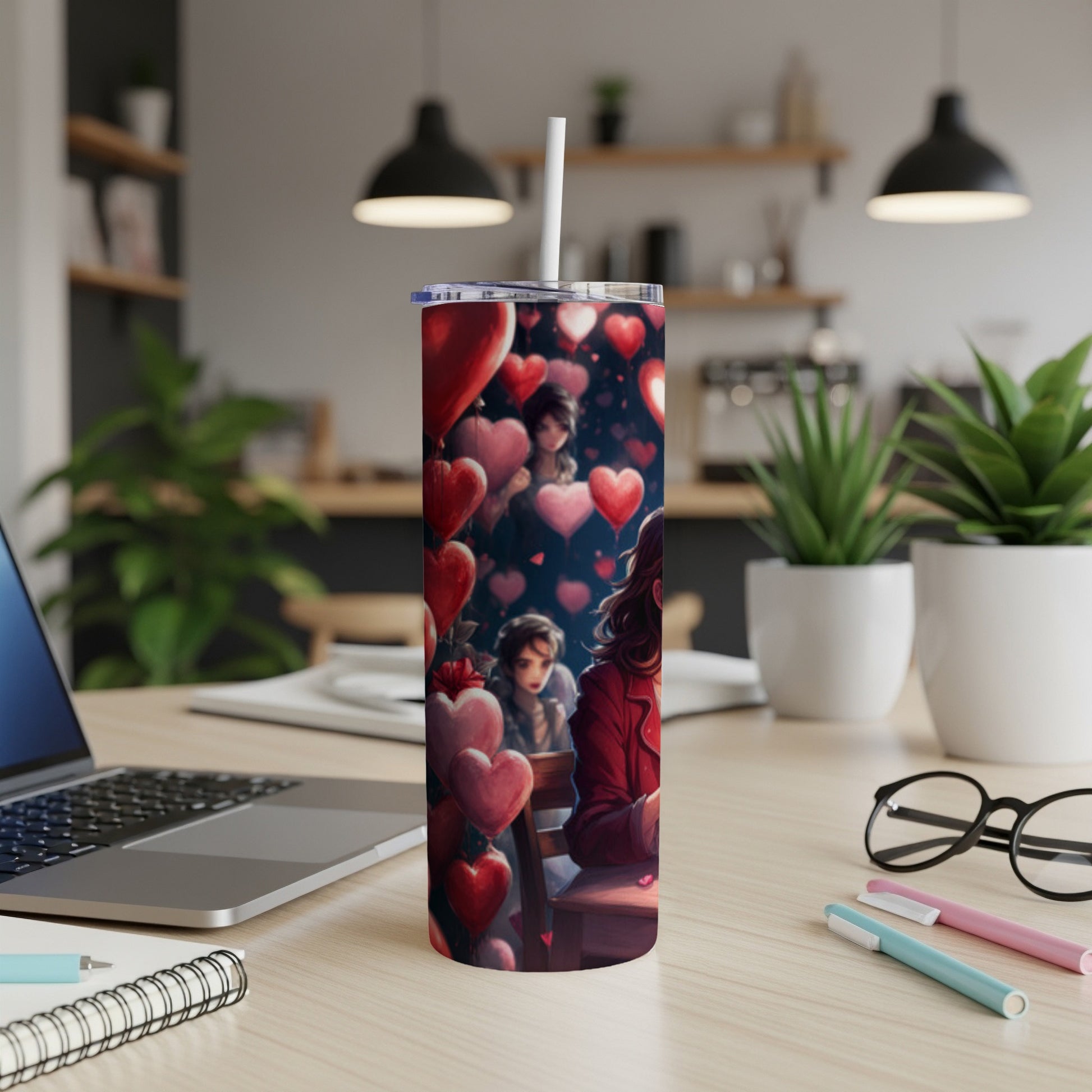 Red tumbler with Valentine's Day hearts and a seated person.