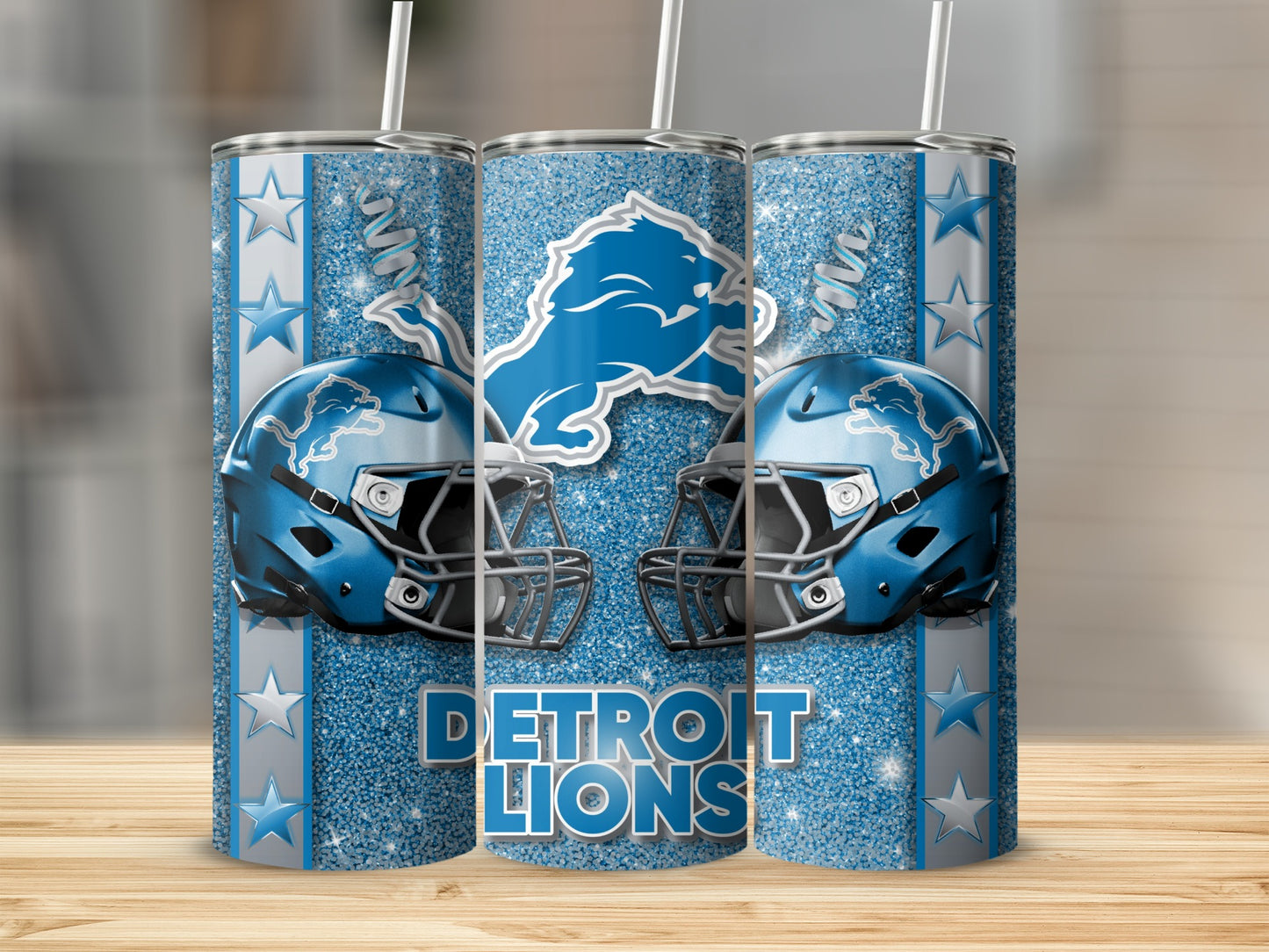 Detroit Lions Blue Helmets a Glittering Design Tumblers