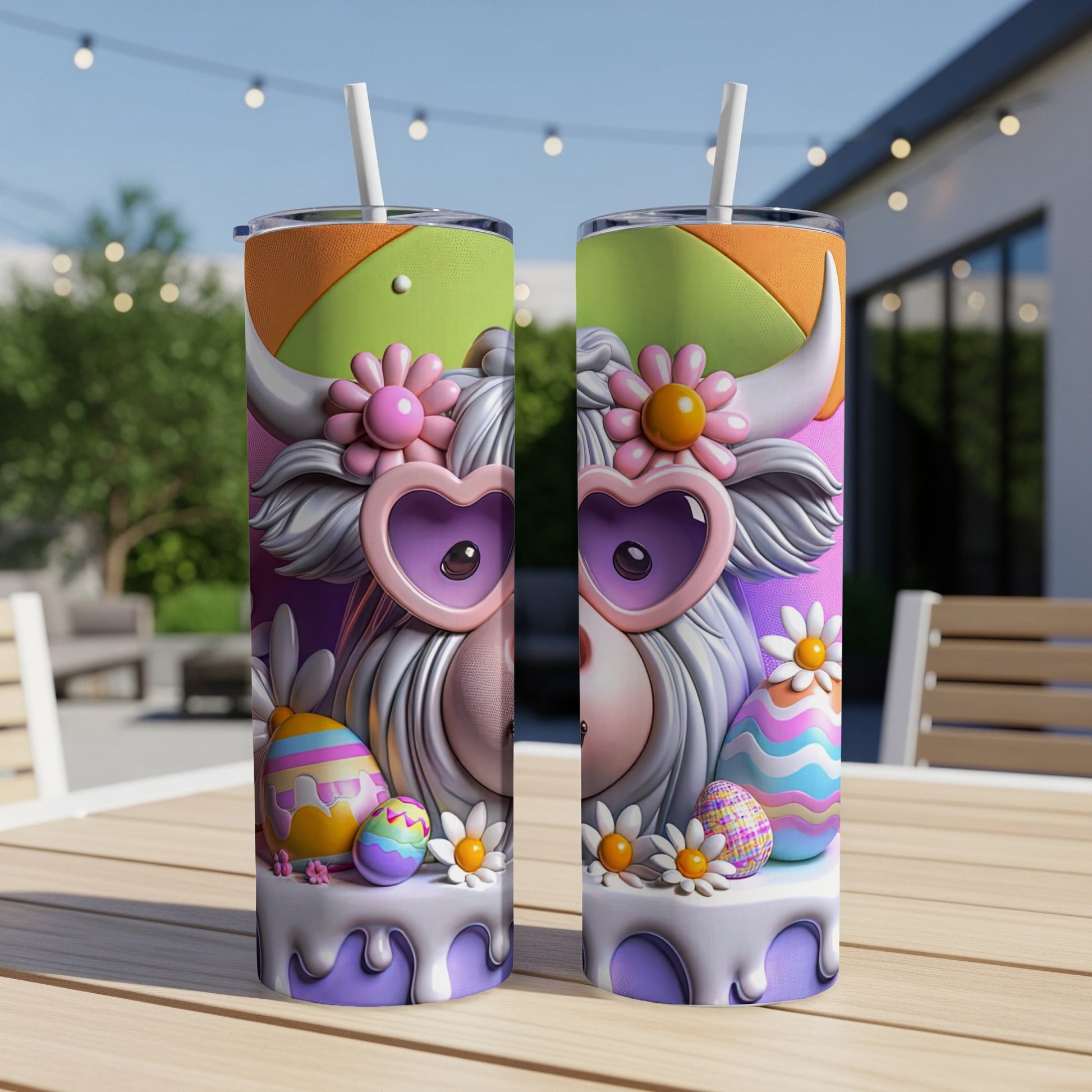 Two tumblers with a Highland cow wearing heart sunglasses and Easter eggs.