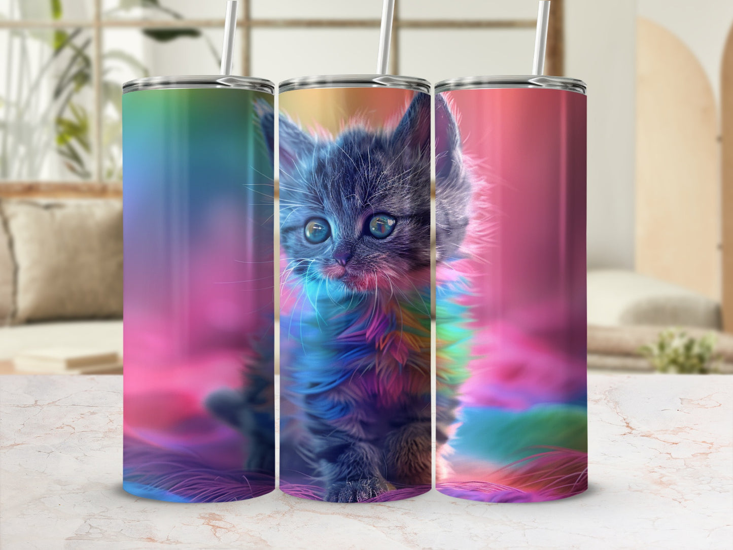 Fuzzy gray kitten with blue eyes on a colorful, abstract background.
