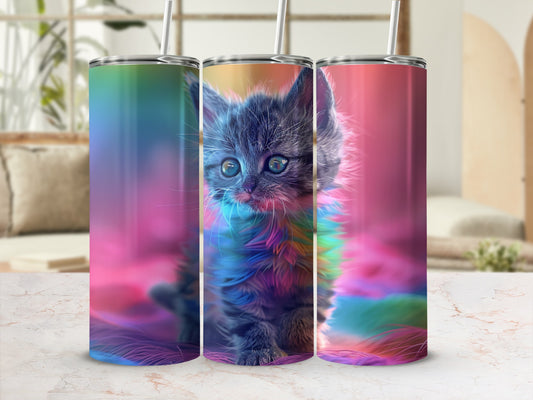 Fuzzy gray kitten with blue eyes on a colorful, abstract background.