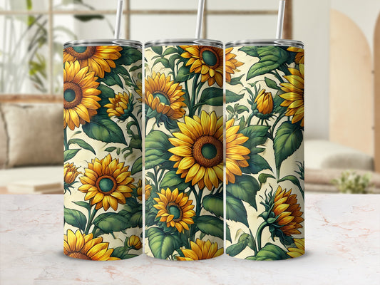 Three tumblers with a vibrant sunflower floral pattern.