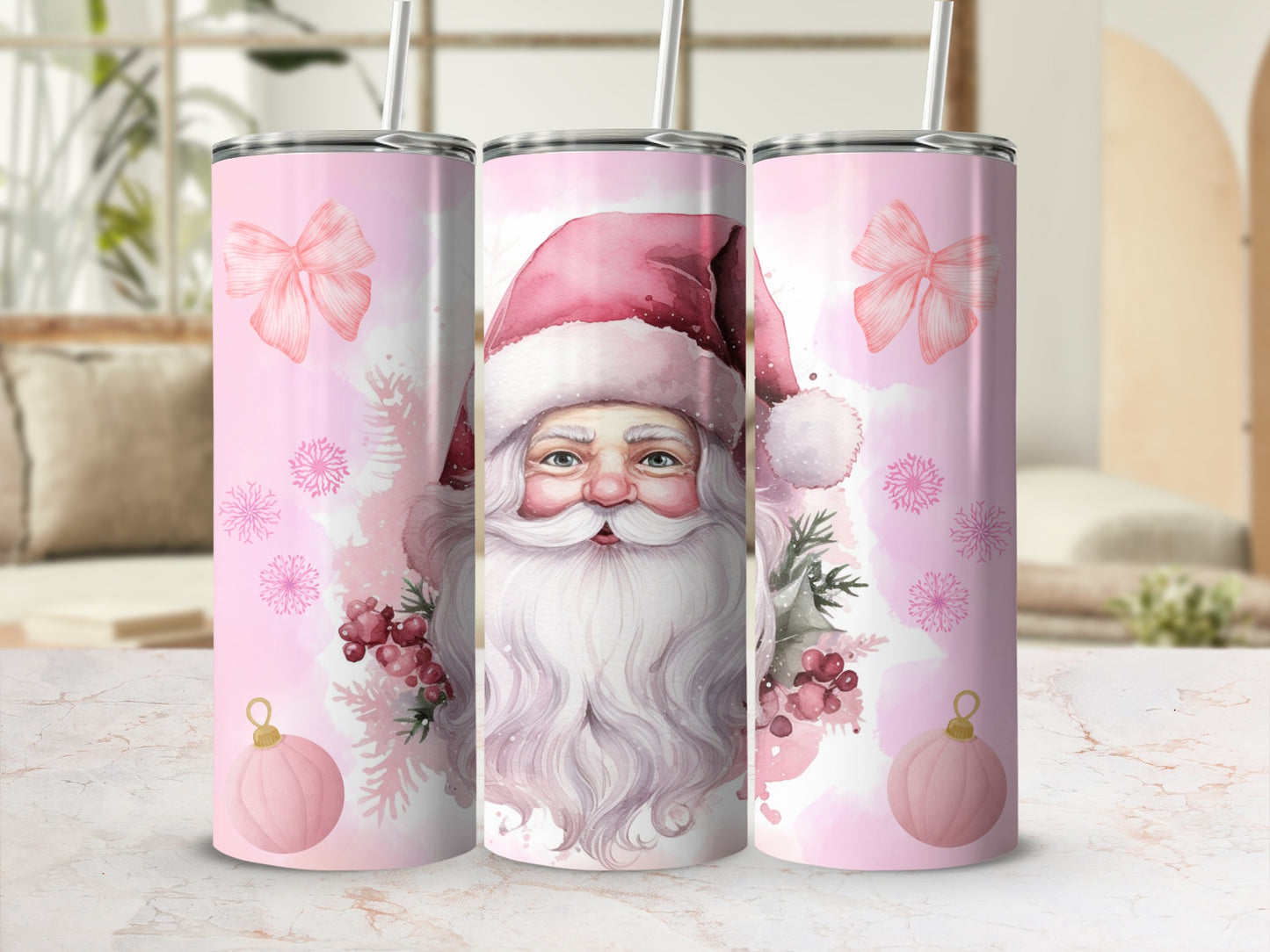 Pink Santa Claus Christmas Tumbler Holiday Decor Gift