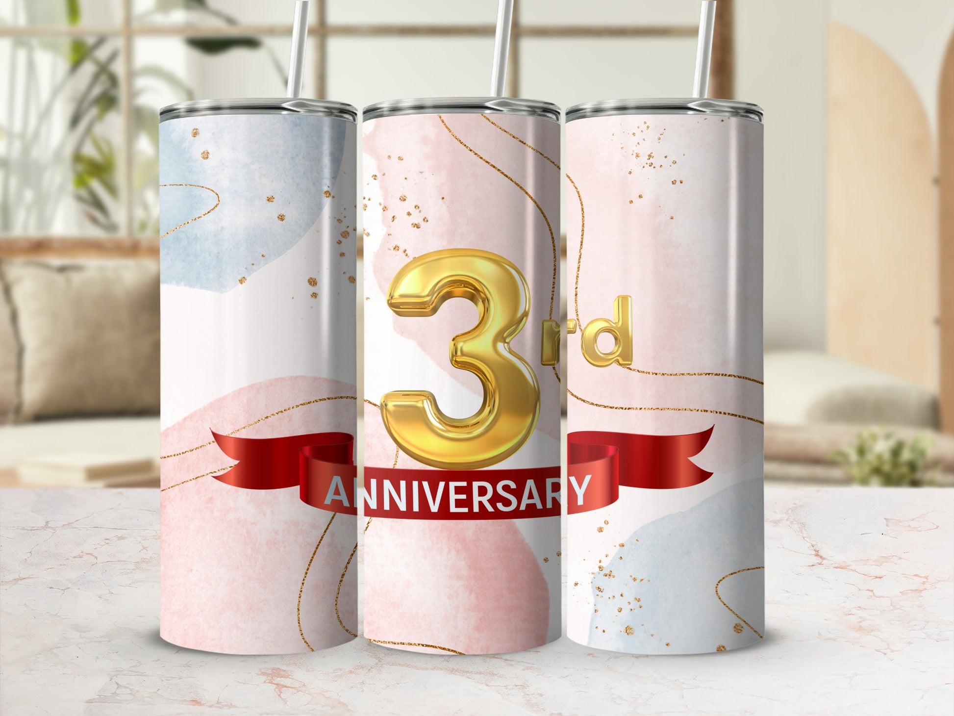 3rd Anniversary tumbler with gold ribbon and text.