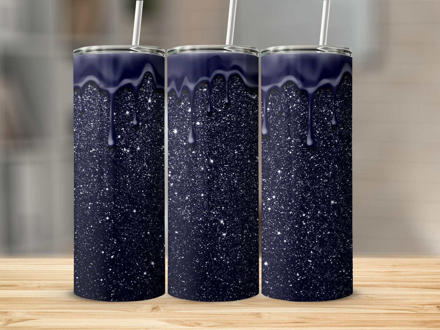 Navy Blue Glitter Tumbler With Straw Dripping Design