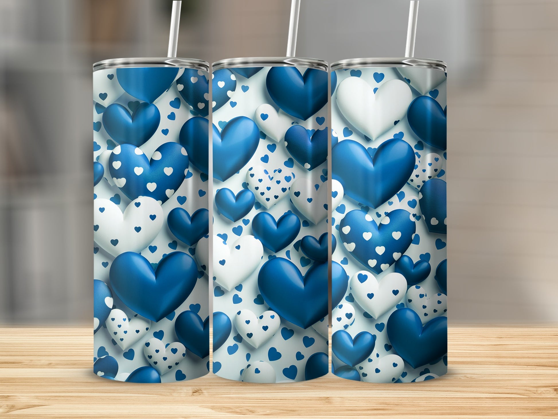 Blue and White Hearts Patterned Tumbler