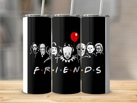 Trio of black tumblers with horror movie characters in a Friends-style font.