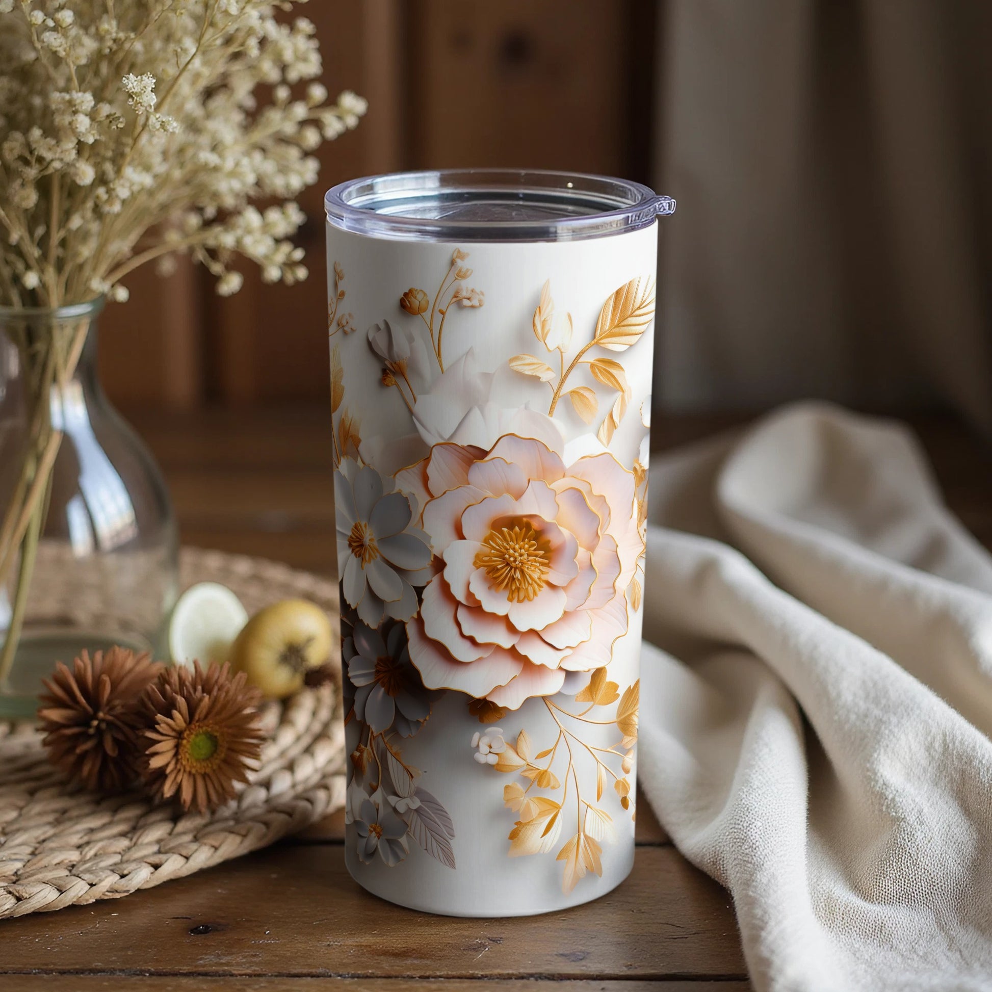 Floral Design Tumbler with Gold and Pastel Accents