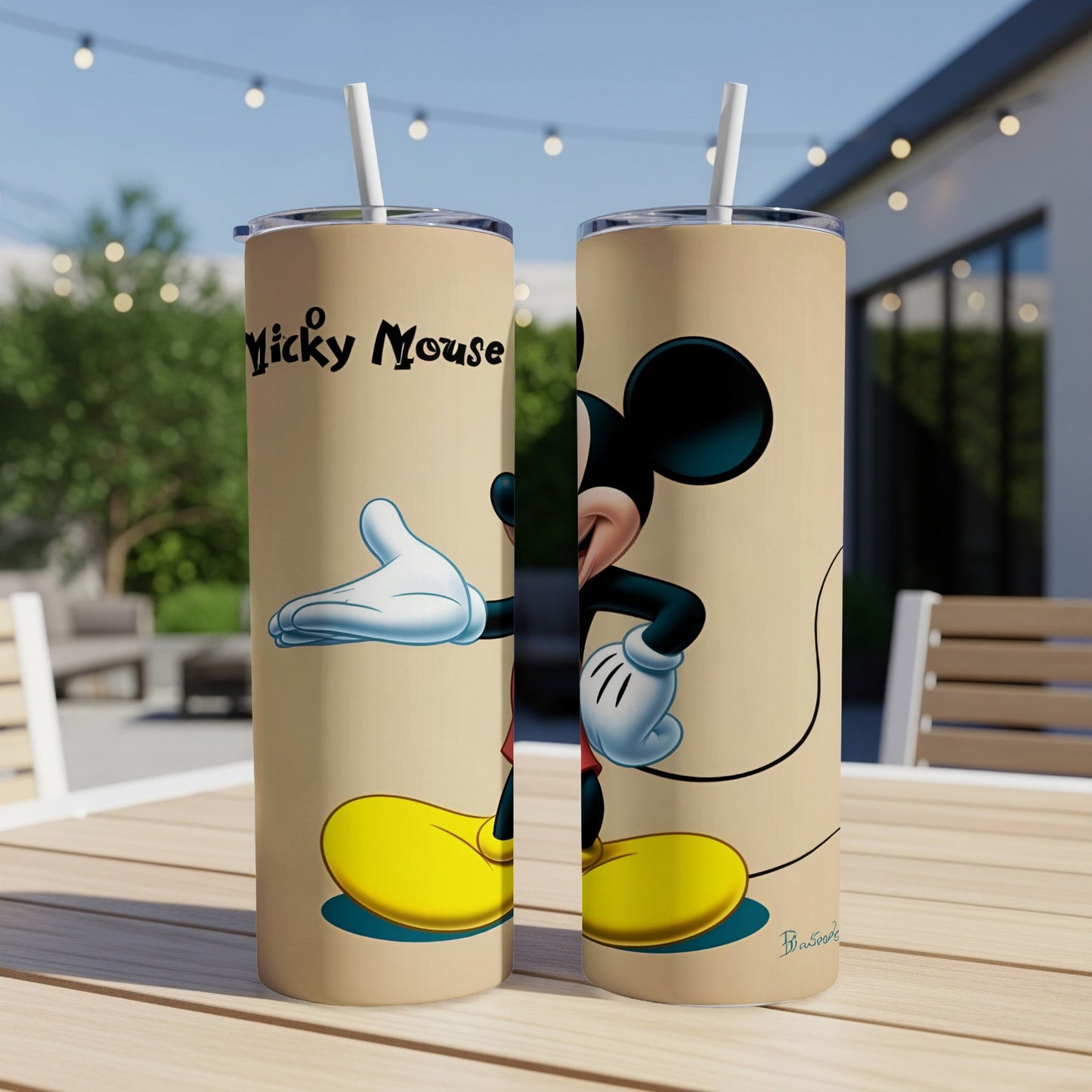 Mickey Mouse tumbler with straw, "Mickey Mouse" text, and cartoon character.