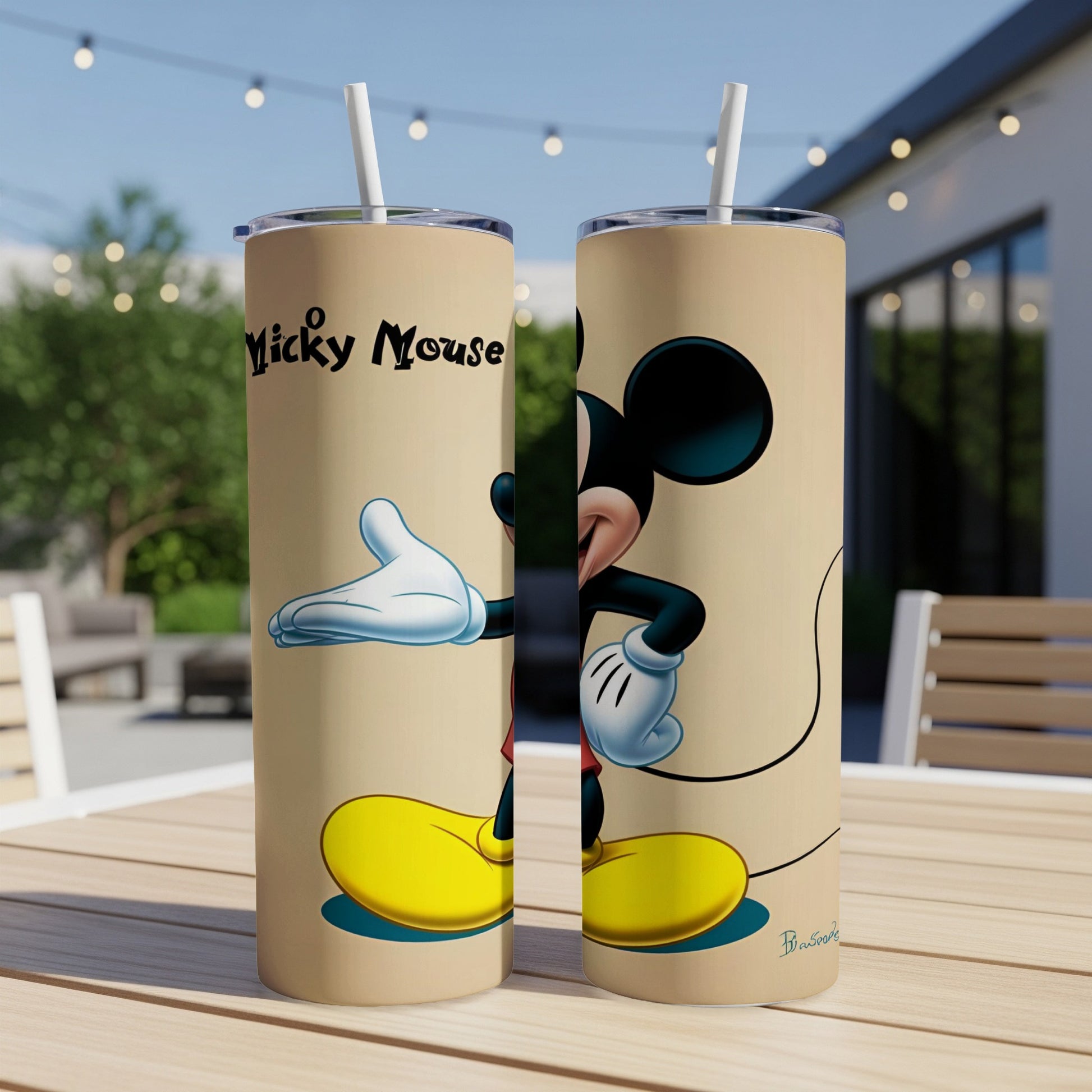 Mickey Mouse tumbler with straw, "Mickey Mouse" text, and cartoon character.