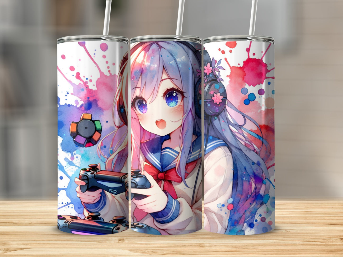Anime Gamer Girl Splatter Art on Tumbler Flask