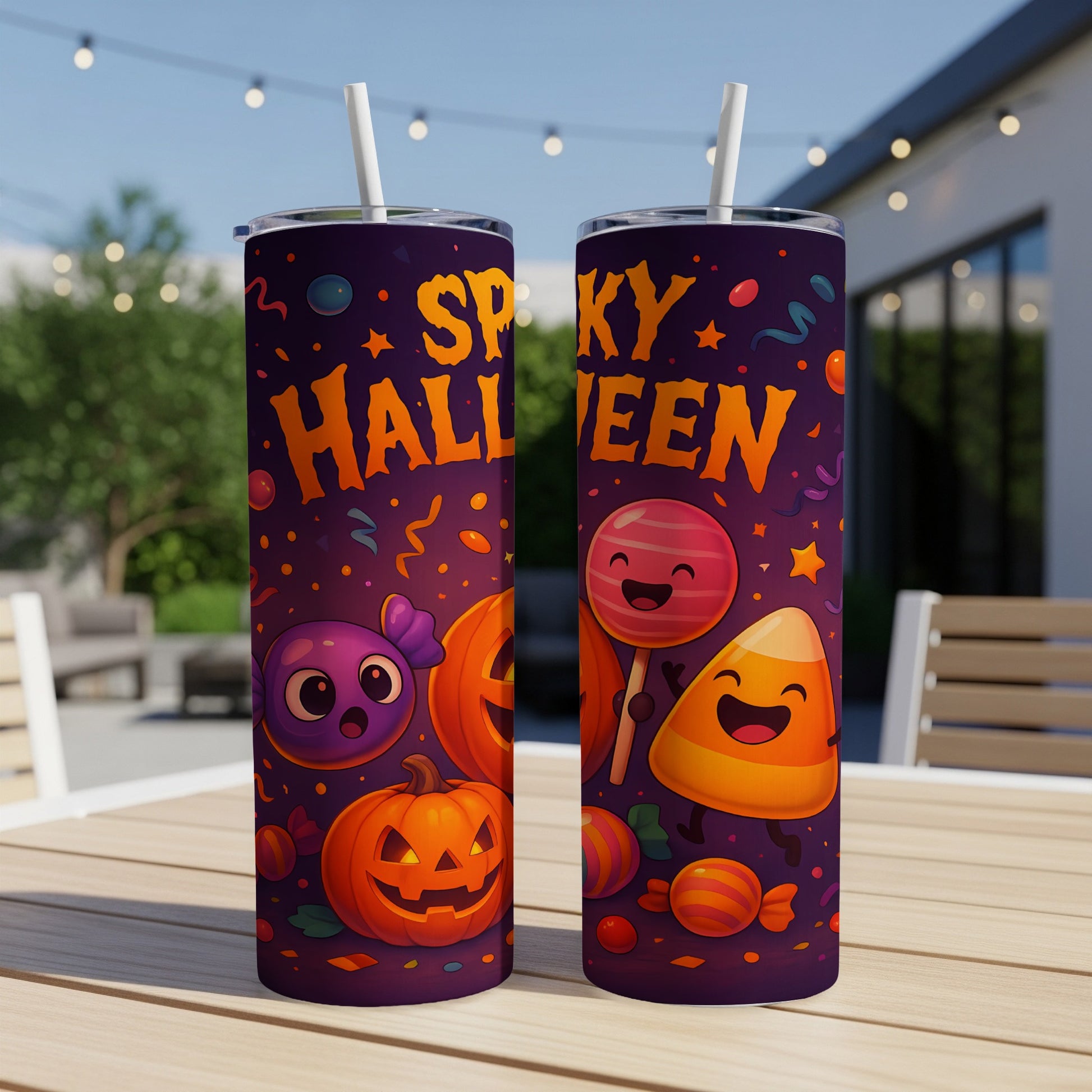 Two tumblers with a purple Halloween design featuring "Spooky Halloween" text and cartoon candy.