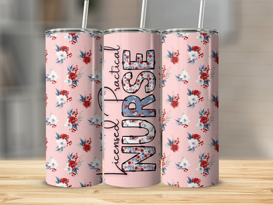 Pink tumbler with floral pattern and "Licensed Practical Nurse" text.