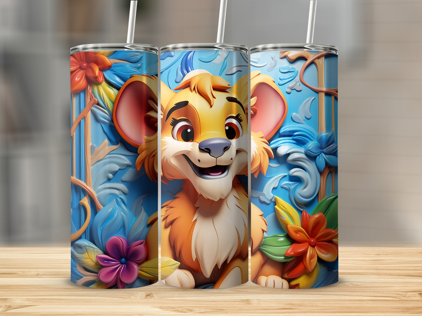 Colorful Cartoon Lion with Flowers Design Tumbler