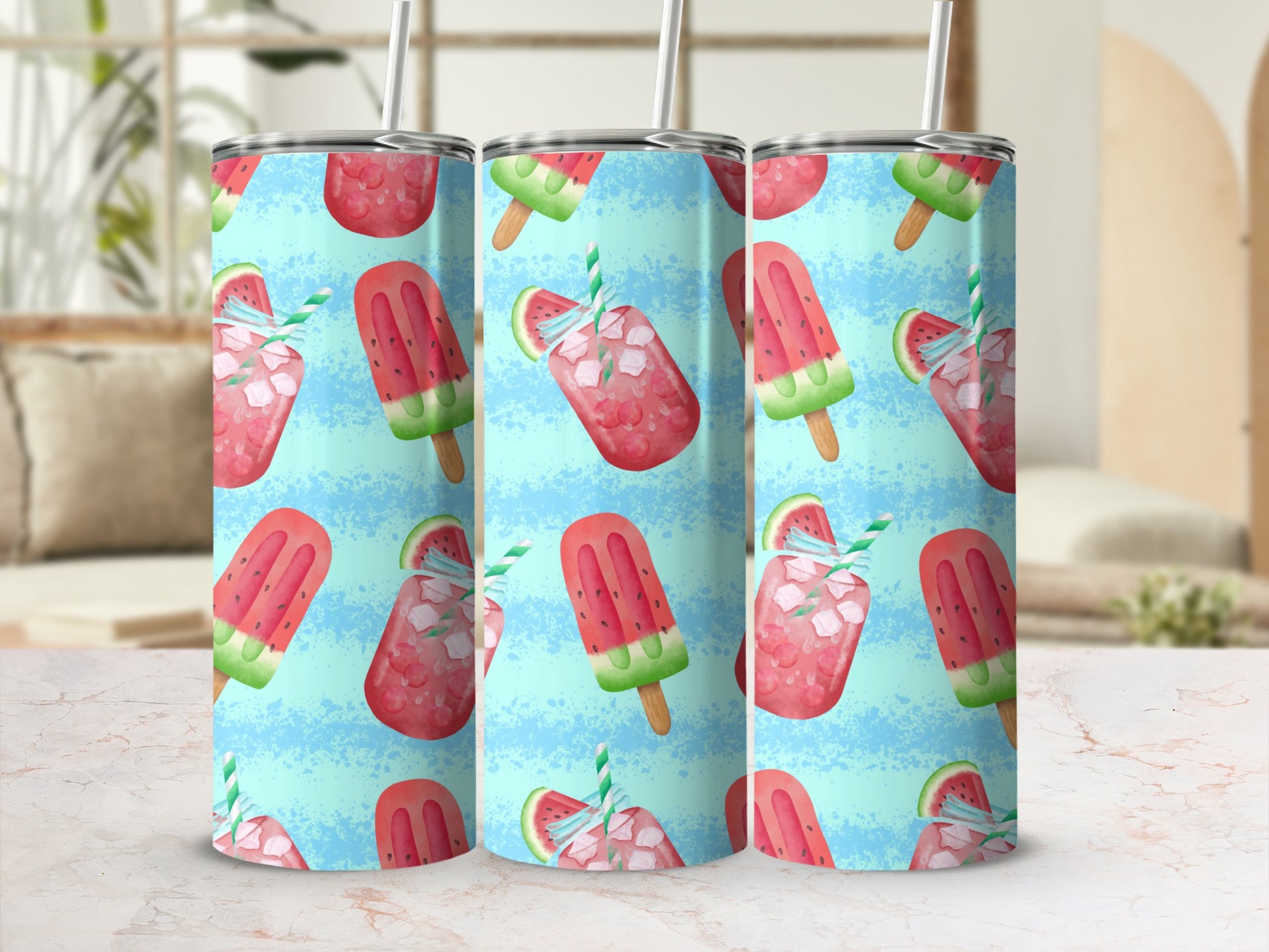 Popsicle pattern on a tumbler with a light blue background.