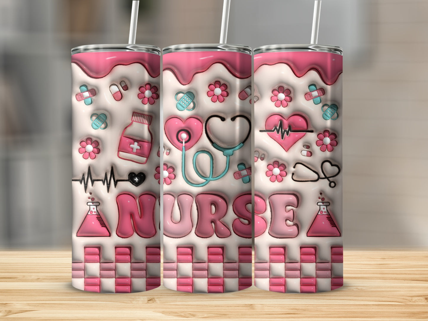 Pink nurse tumbler with medical icons and checkered pattern.