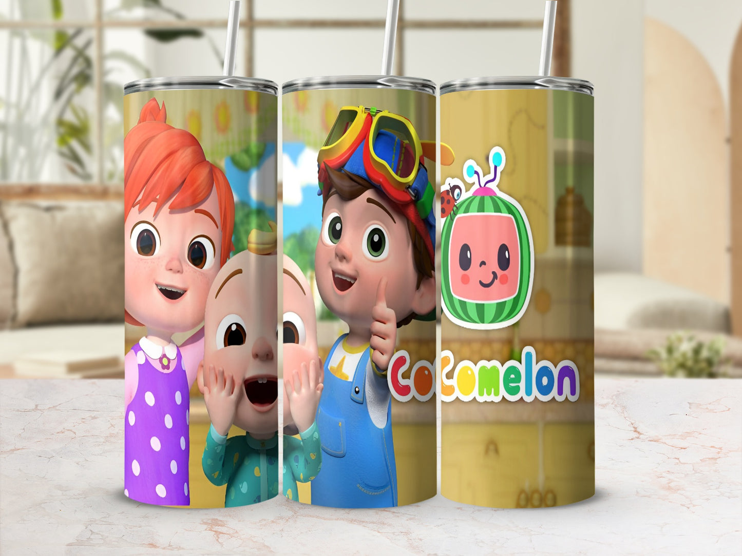 Cocomelon characters J.J. and Cody on two tumblers with straws.