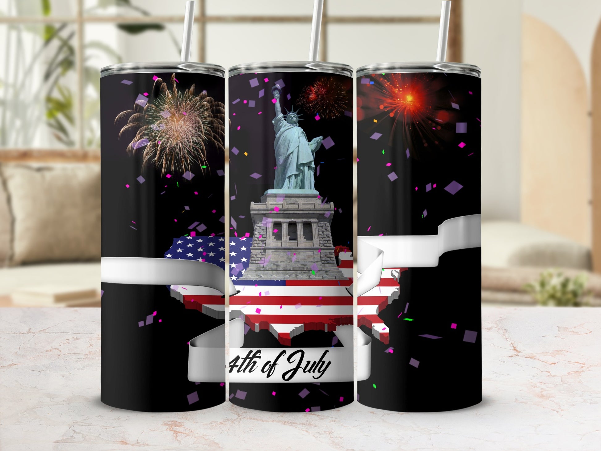 Black tumbler with Statue of Liberty, US map, and fireworks.