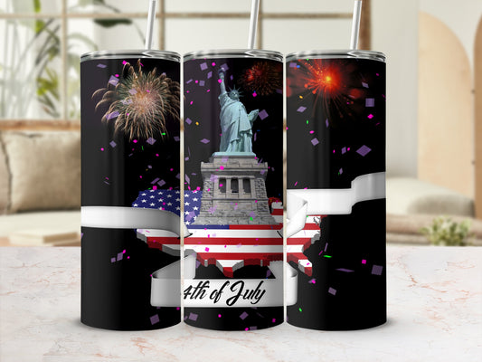 Black tumbler with Statue of Liberty, US map, and fireworks.
