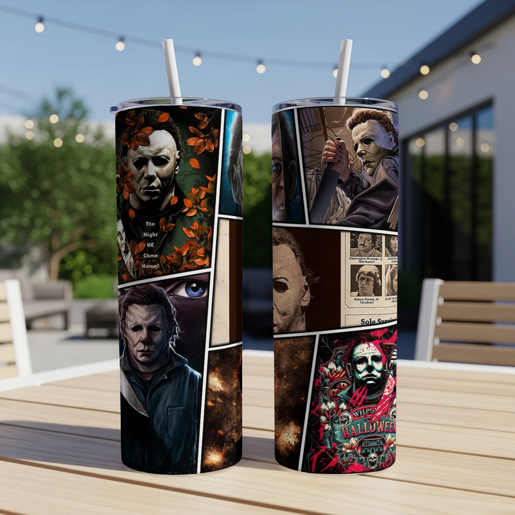 Two tumblers with Michael Myers Halloween collage art and text.