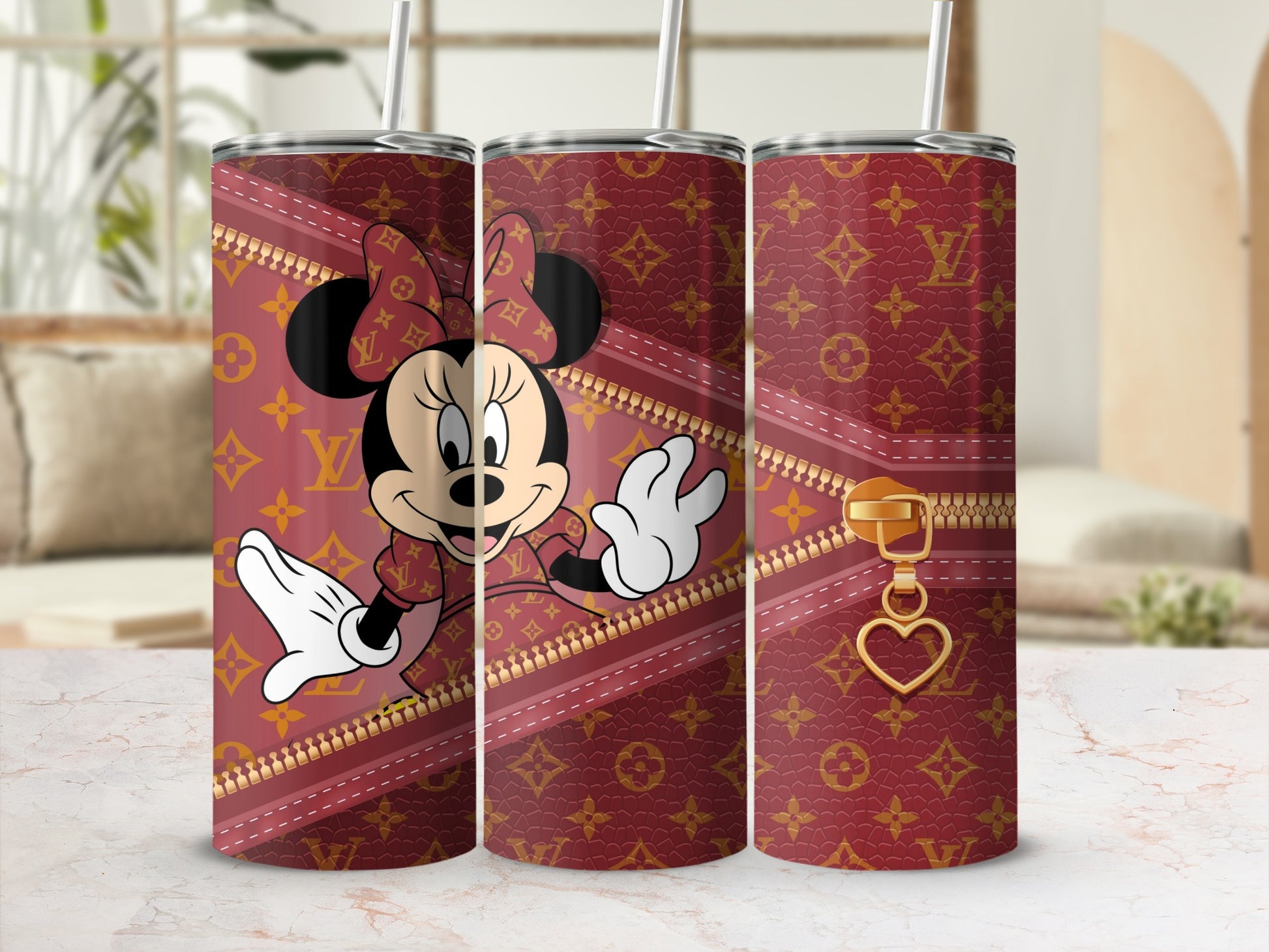 Minnie Mouse on red designer patterned tumbler with gold zipper detail.