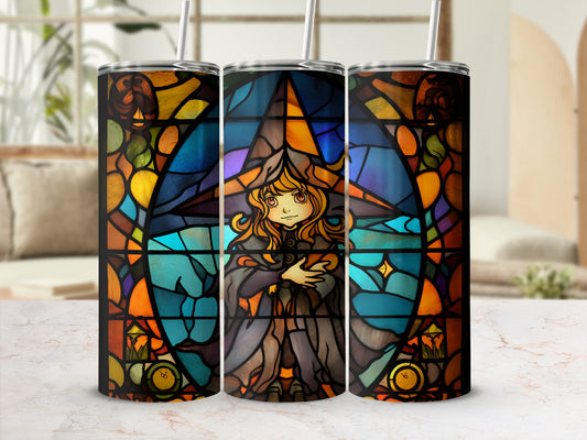 Stained glass design with witch and stars on three tumblers.