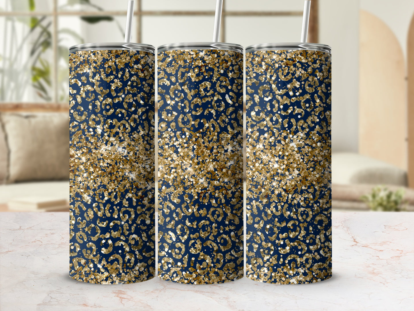 Elegant Gold Blue Glitter Leopard Print Tumbler