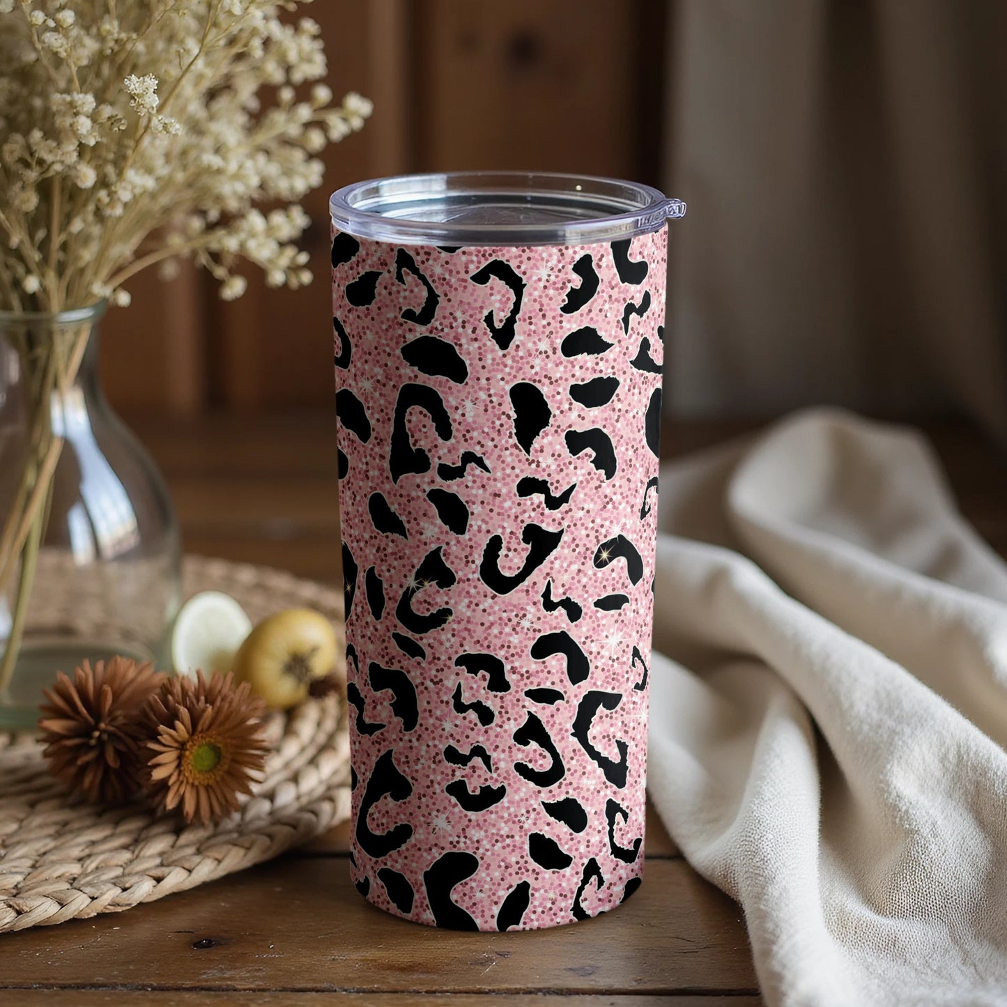 Pink and Black Leopard Print Tumbler Cup with Lid