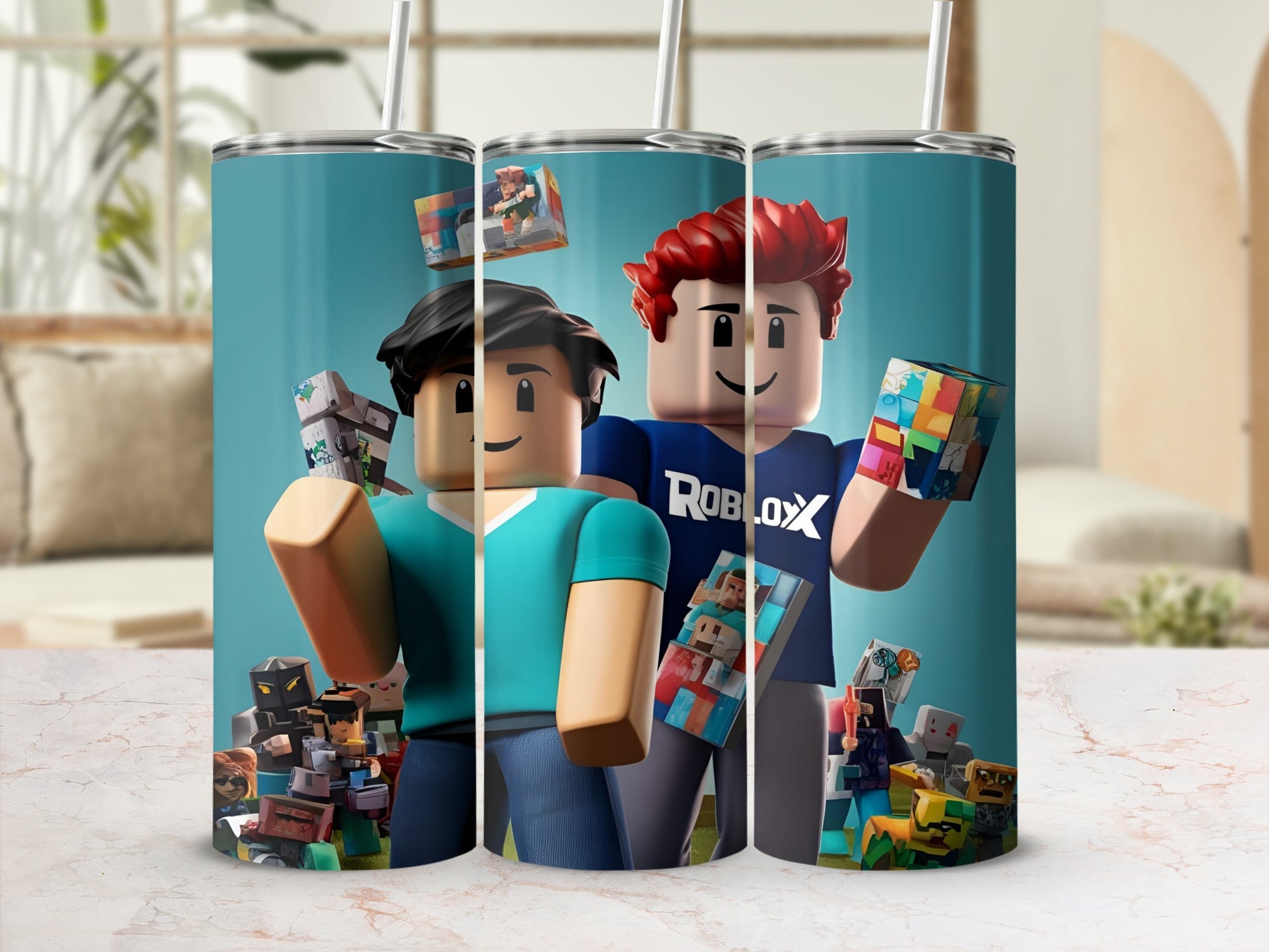 Roblox characters holding building blocks, with more blocks surrounding them.