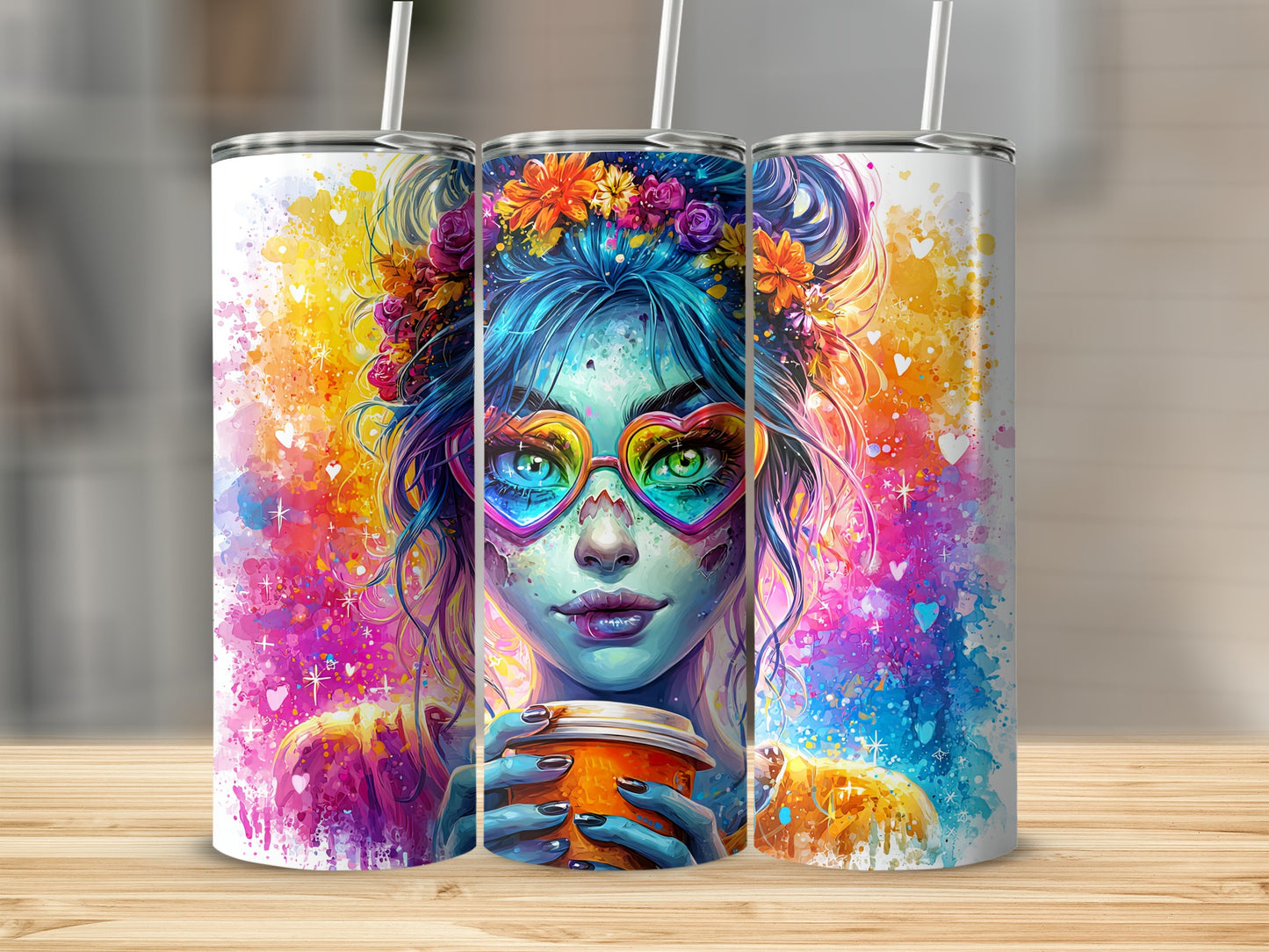 Colorful Bohemian Portrait Floral Art Travel Tumbler