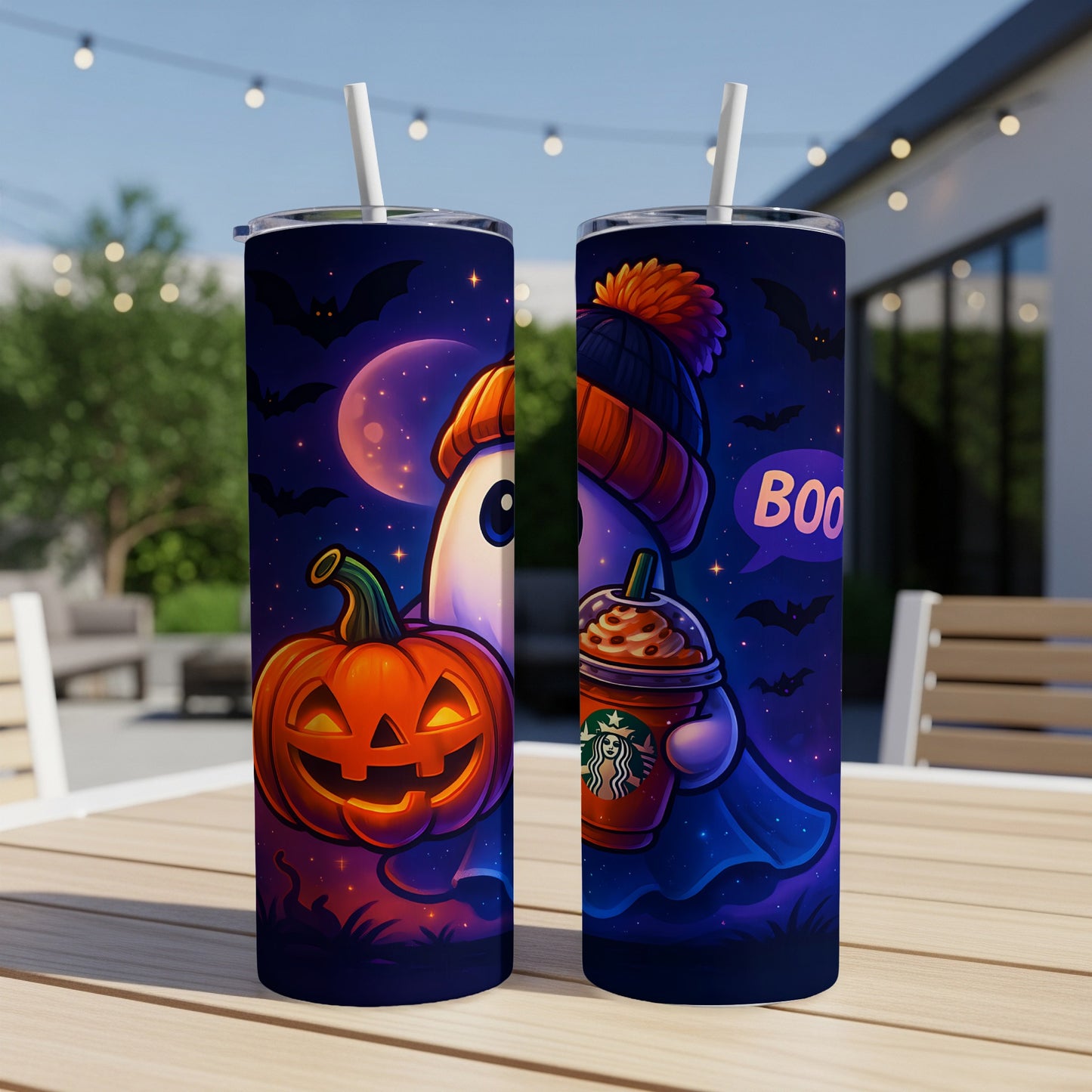 Two Halloween-themed tumblers, one with a ghost holding a pumpkin, the other with a ghost drinking coffee.