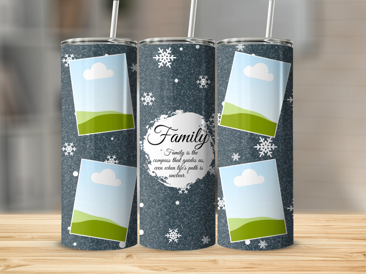 Tumblers with a dark, speckled design featuring photo placeholders, snowflakes, and the text "Family is the compass that guides us."