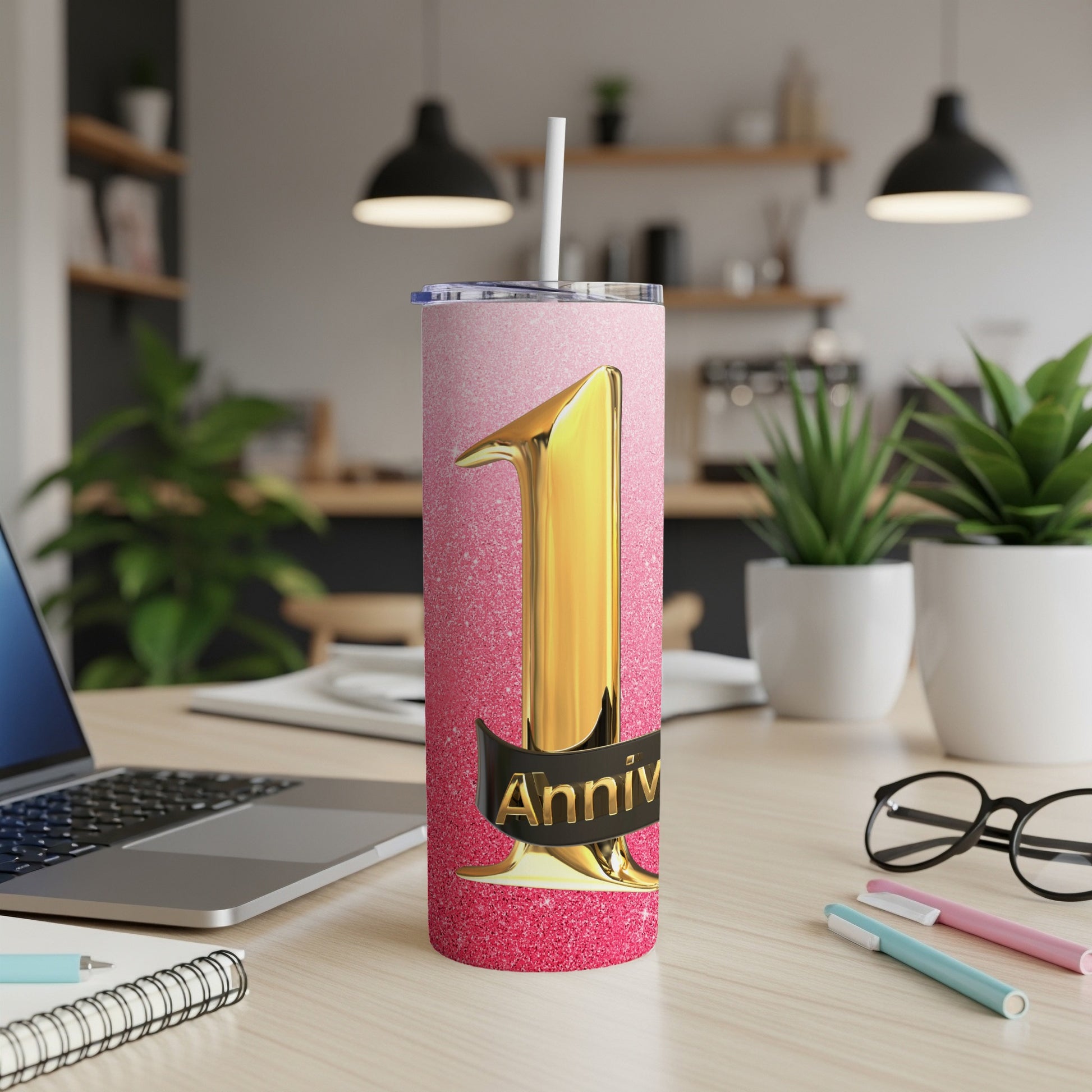Gold numeral one on glitter tumbler with "Anniv" text.