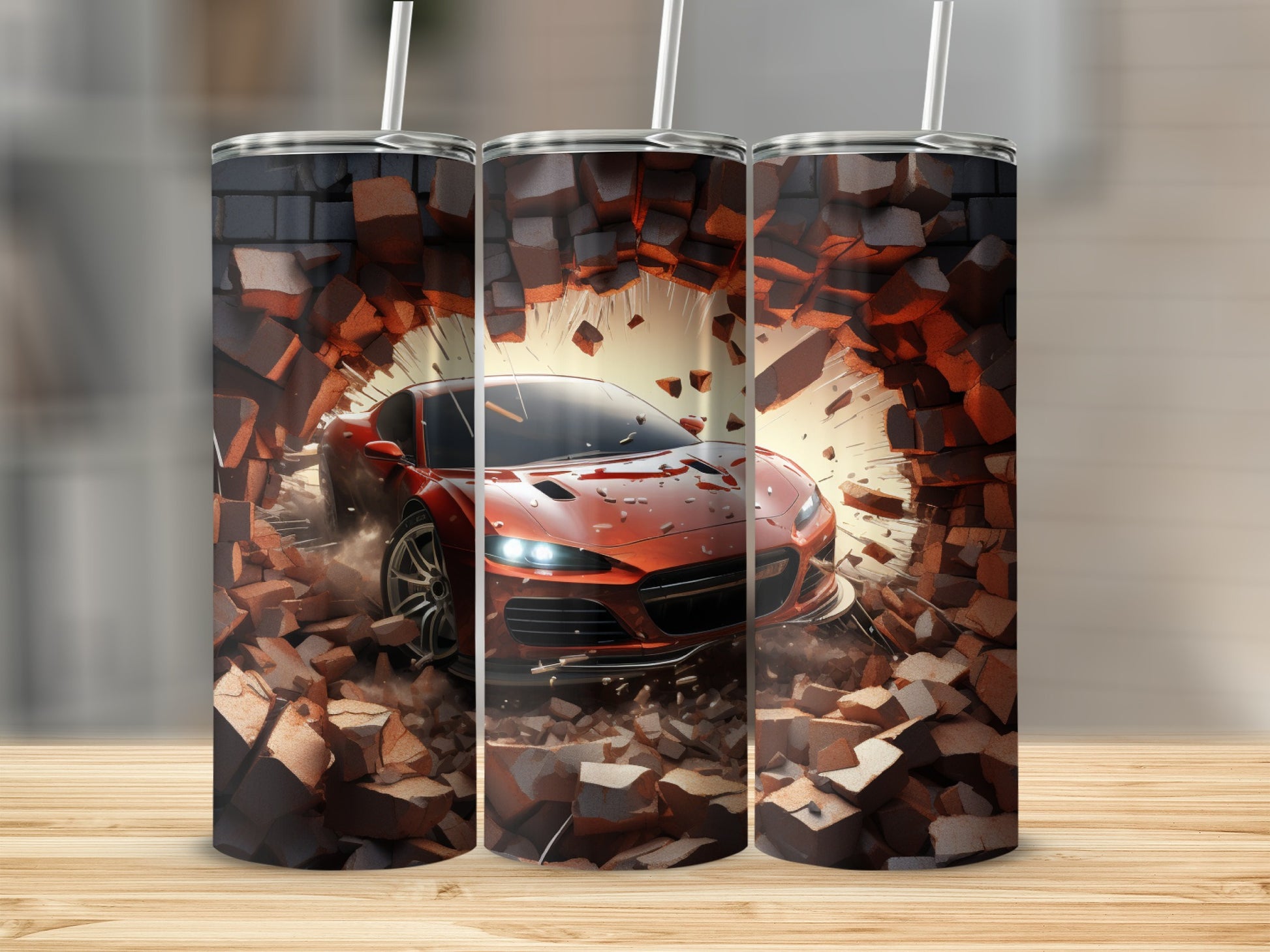 Explosive Red Car Bursting Through Brick Wall Tumbler