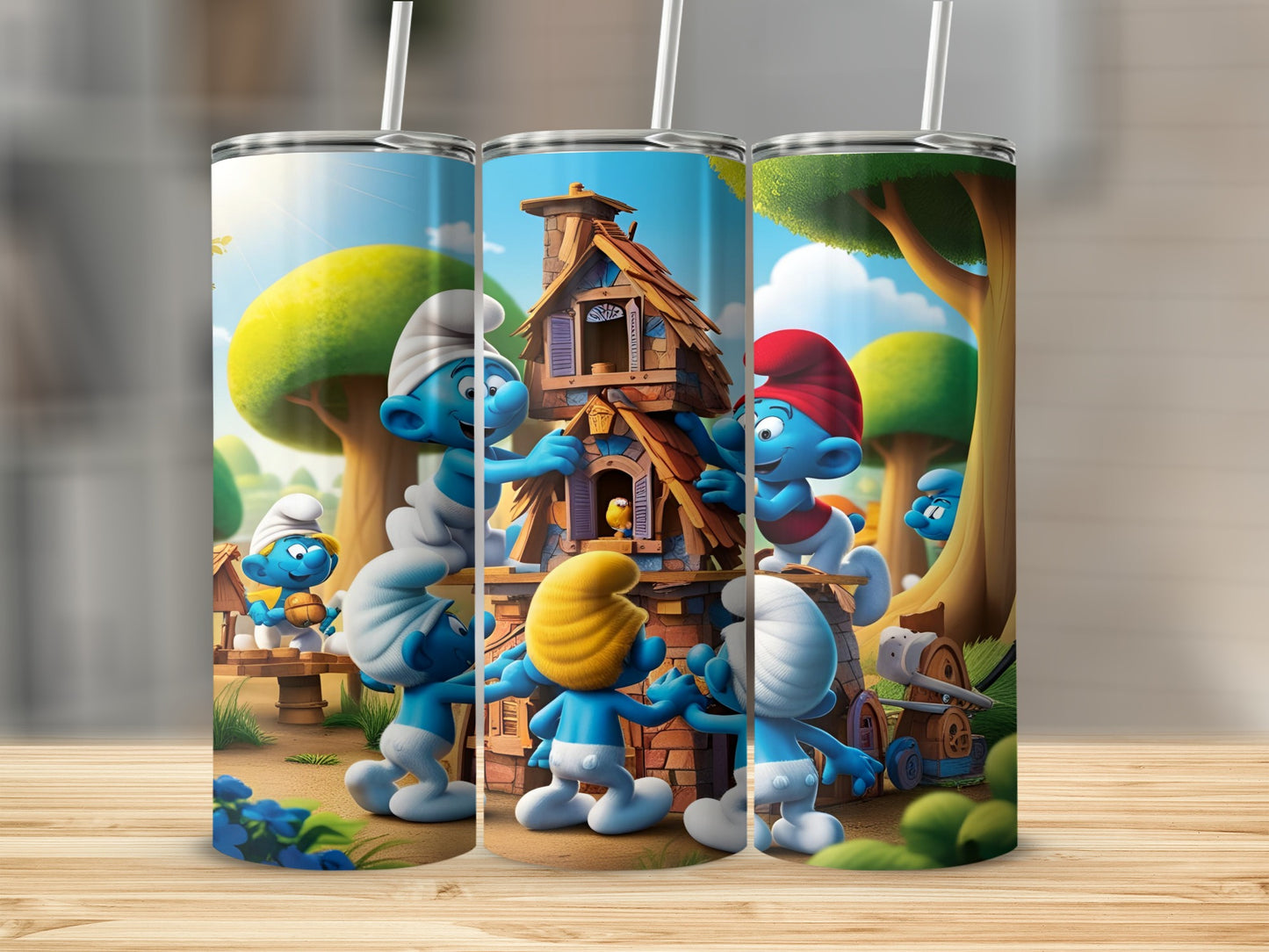 Smurfs building a mushroom house with cartoon characters and trees.