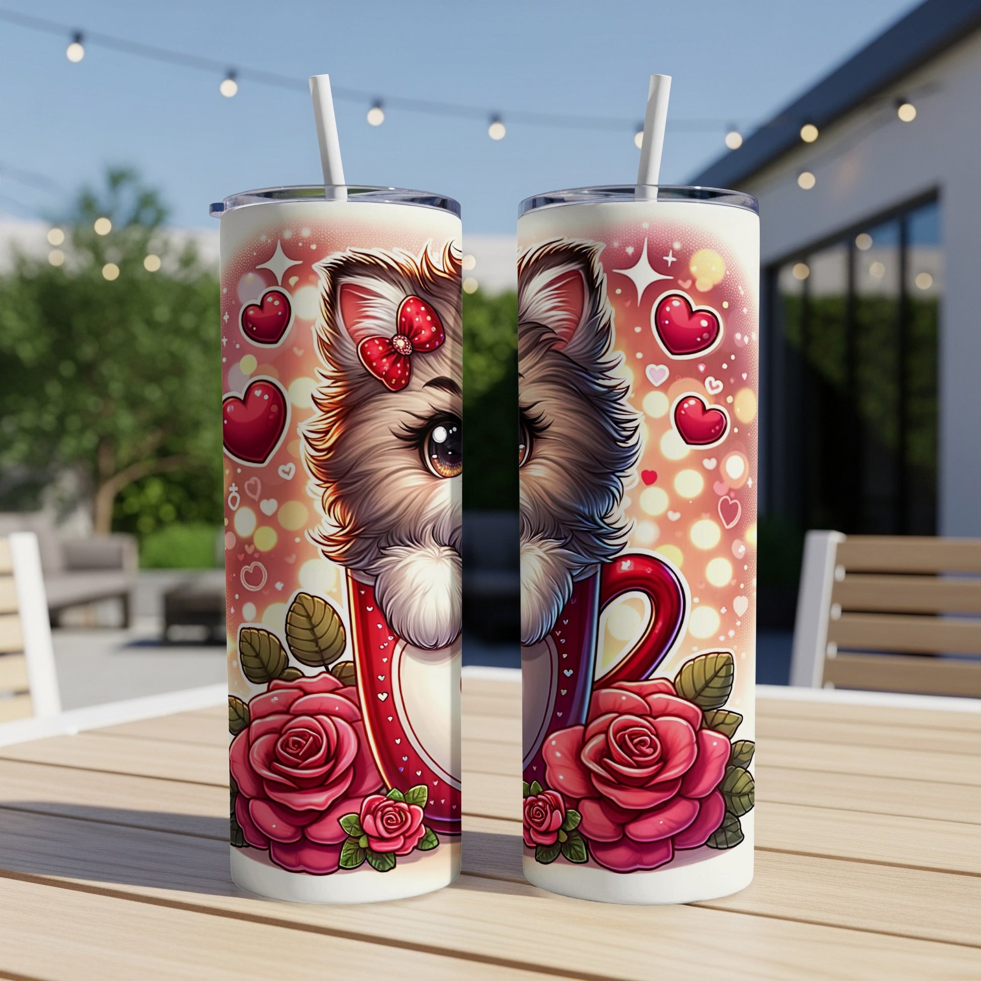 Two tumblers with a cute cartoon dog and roses, against a blurred outdoor background.