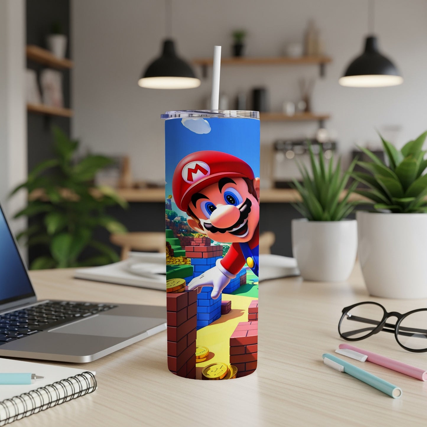 Mario character on a tall, cylindrical tumbler with a straw, against a brick background.