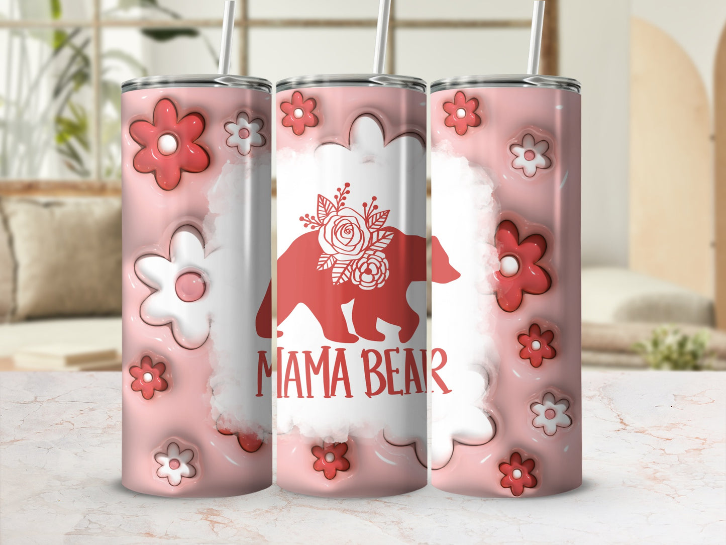 Mama Bear Flower Design Insulated Tumbler Cup Gift